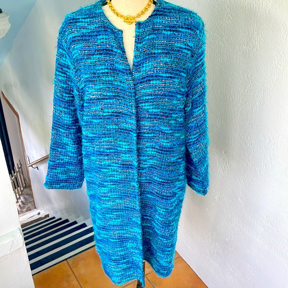 Chicos‎ Turquoise Tweed with Copper Metallic Thread Open Cardigan Size 1 /Medium